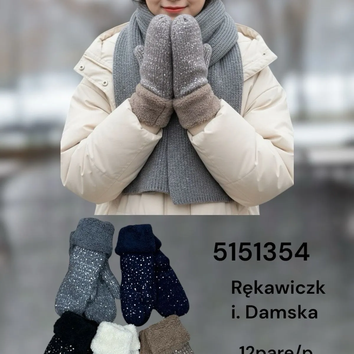 Rękawiczki damskie ocieplane, różne kolory, 12 szt/opak.