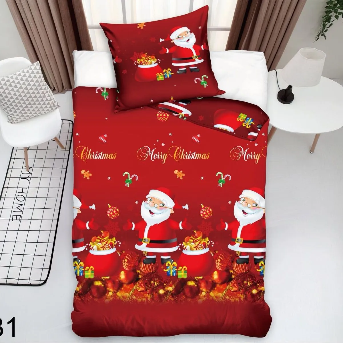 Pościel Świąteczna 3cz. 140x200cm Santa Claus Czerwona