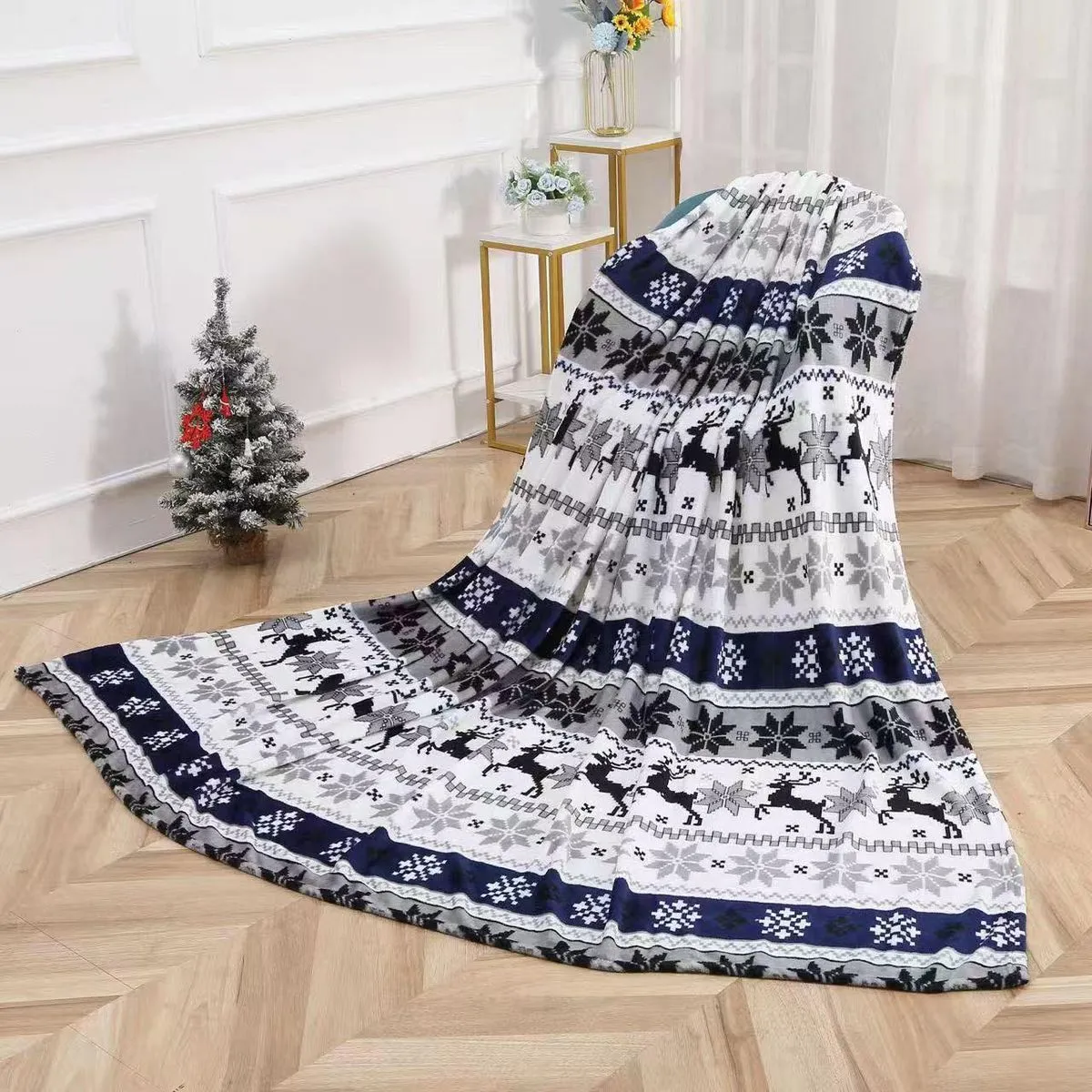 Koce Świąteczne 200x220cm z Reniferami Granat-Biały