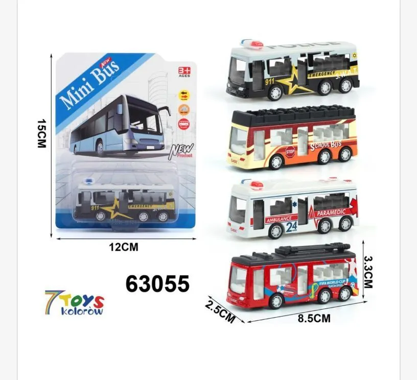 Mini Bus Zestaw 4 Plastikowe Auta 3,5x8,5x2,5cm