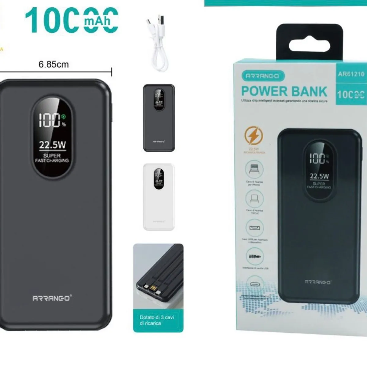 Power Bank RYNDO 10000mAh 22.5W z wyświetlaczem LED