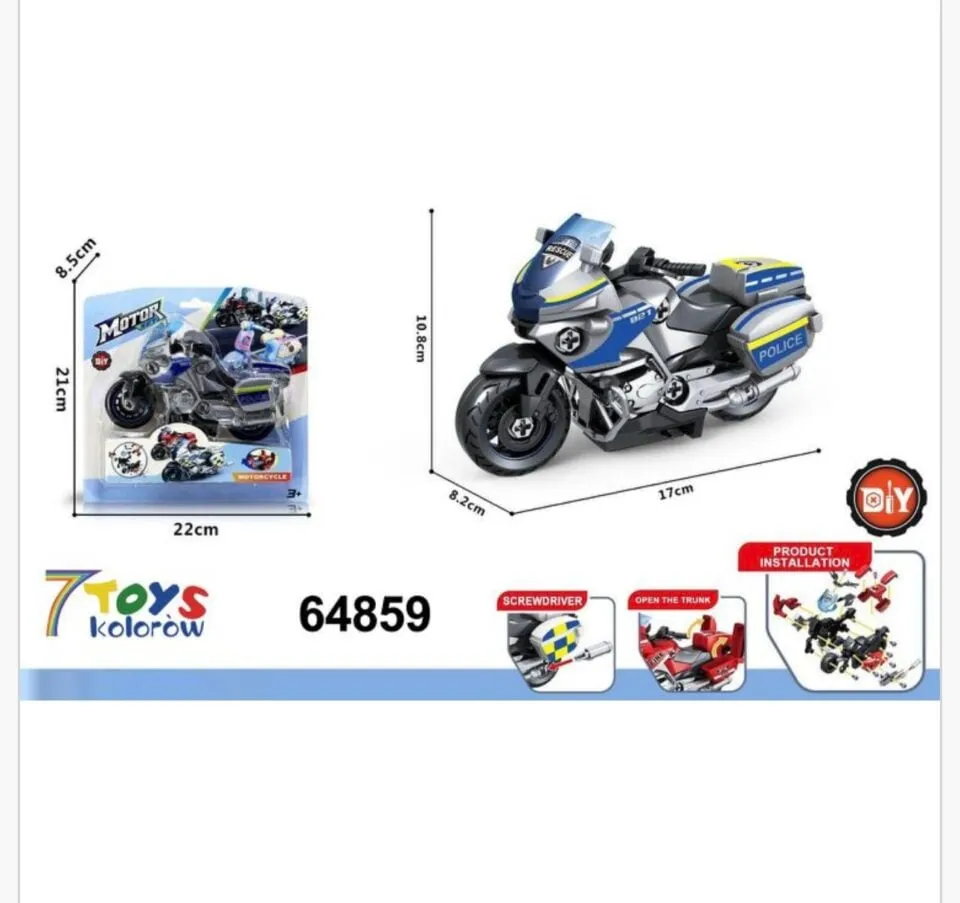 Zabawkowy Motocykl Policyjny DIY 17cm Metalz Toys ze Śrubokrętem