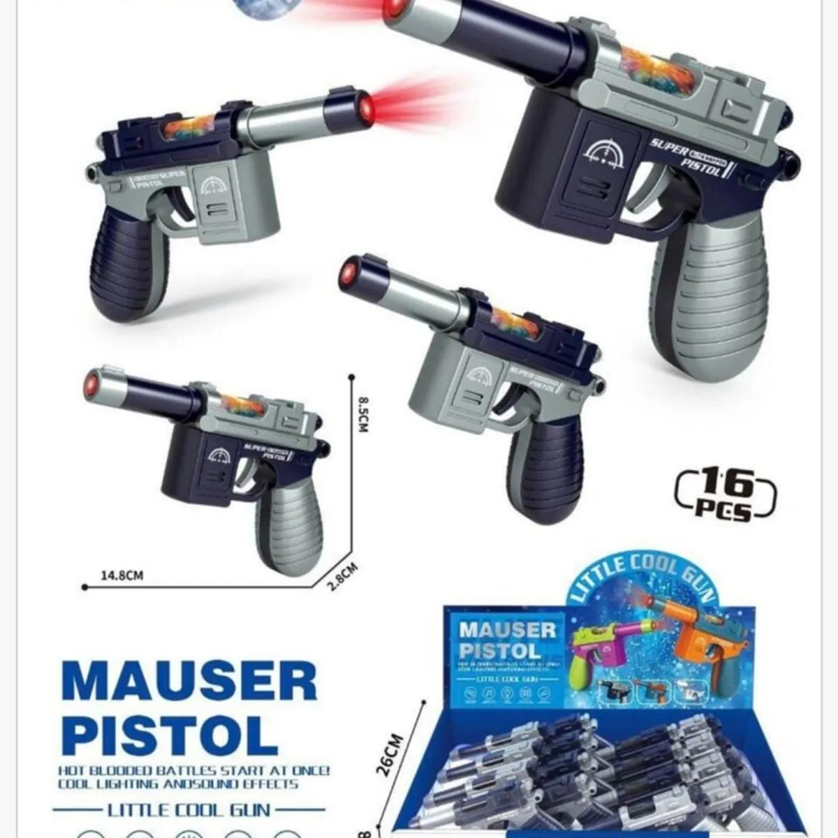 Pistolet Zabawkowy Mauser Pistol 14.8cm, Światło i Dźwięk, 16 szt.