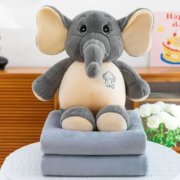 Maskotka słoń z kocykiem szary beżowy