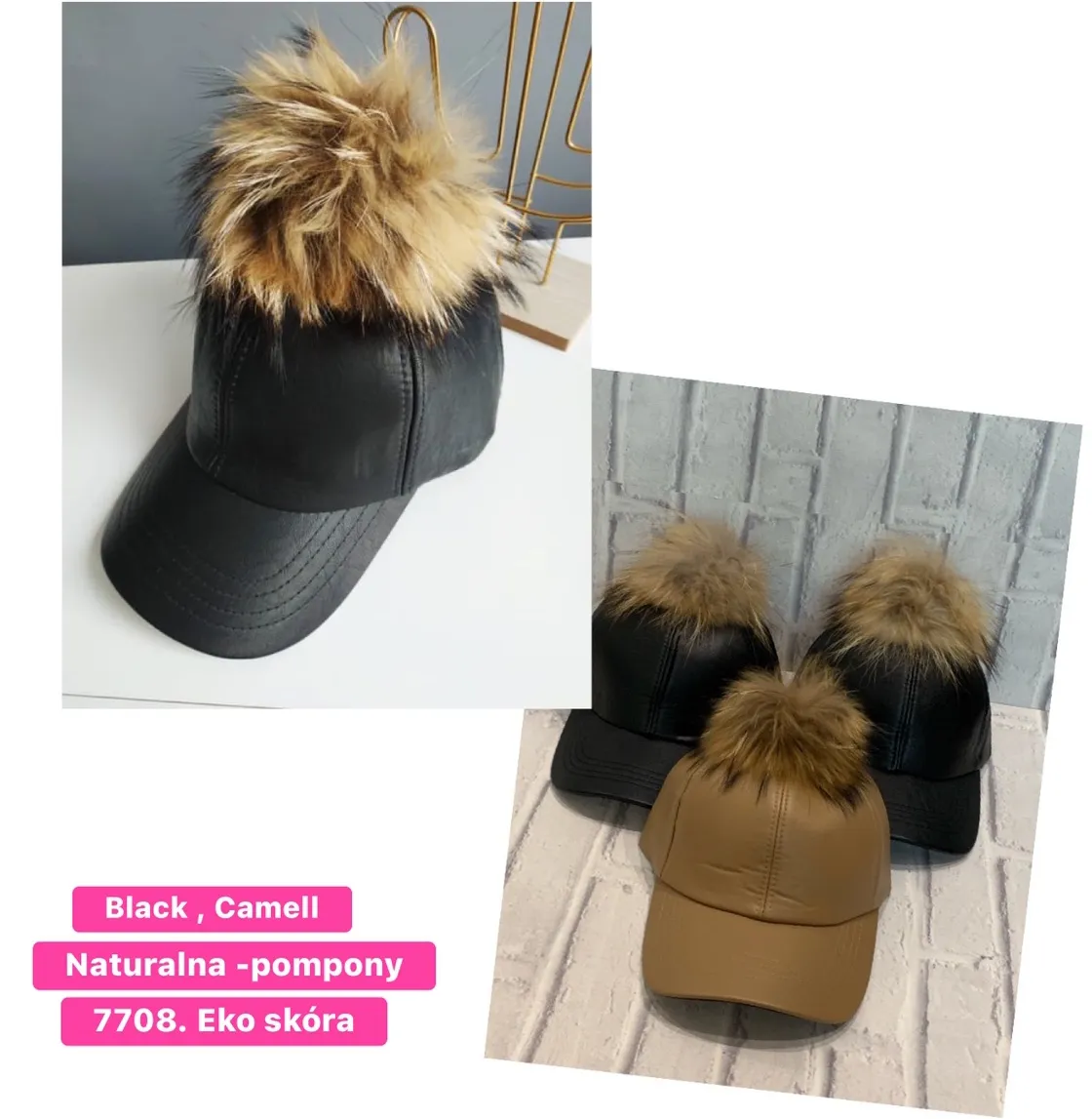 Czapki damskie z pomponem eko skóra 7708 camel/black