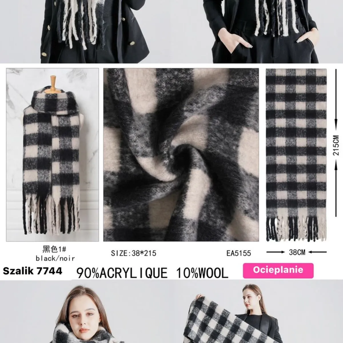 Szal damski czarno-biały w kratę 90% akryl 10% wool