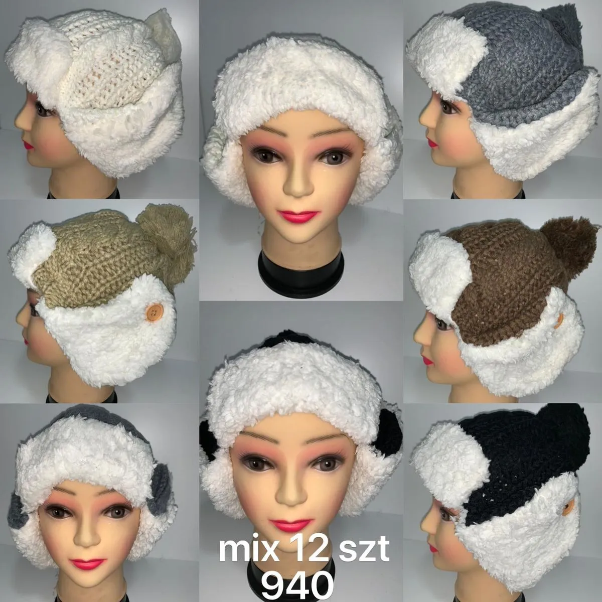 Czapki damskie dzianinowe z pomponem mix 12 szt