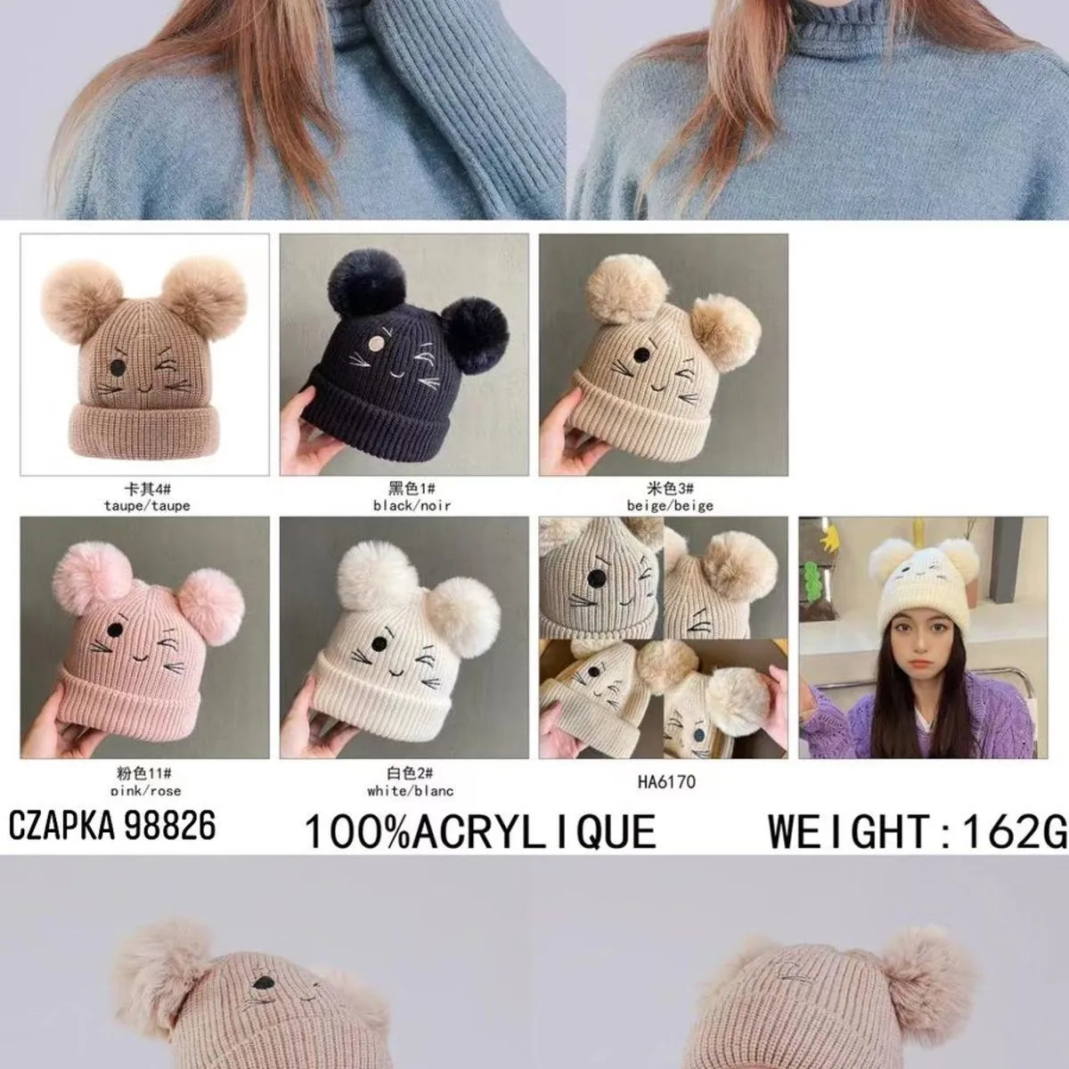 Czapki damskie uszate 100% akryl 16g CZPA 98826