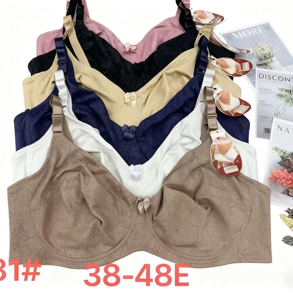 Biustonosz damski 38-48E, beżowy, czarny, różowy, granatowy