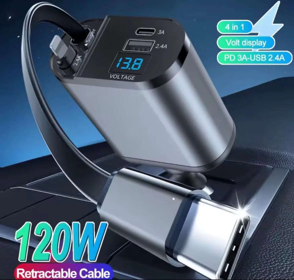 Ładowarka Samochodowa 120W 4in1 z Retrakcyjnym Kablem