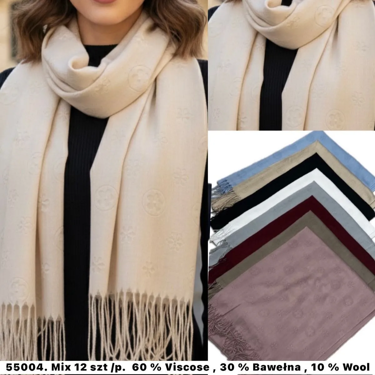 Szaliki damskie wzorzyste 55x180 cm viscose bawełna wełna