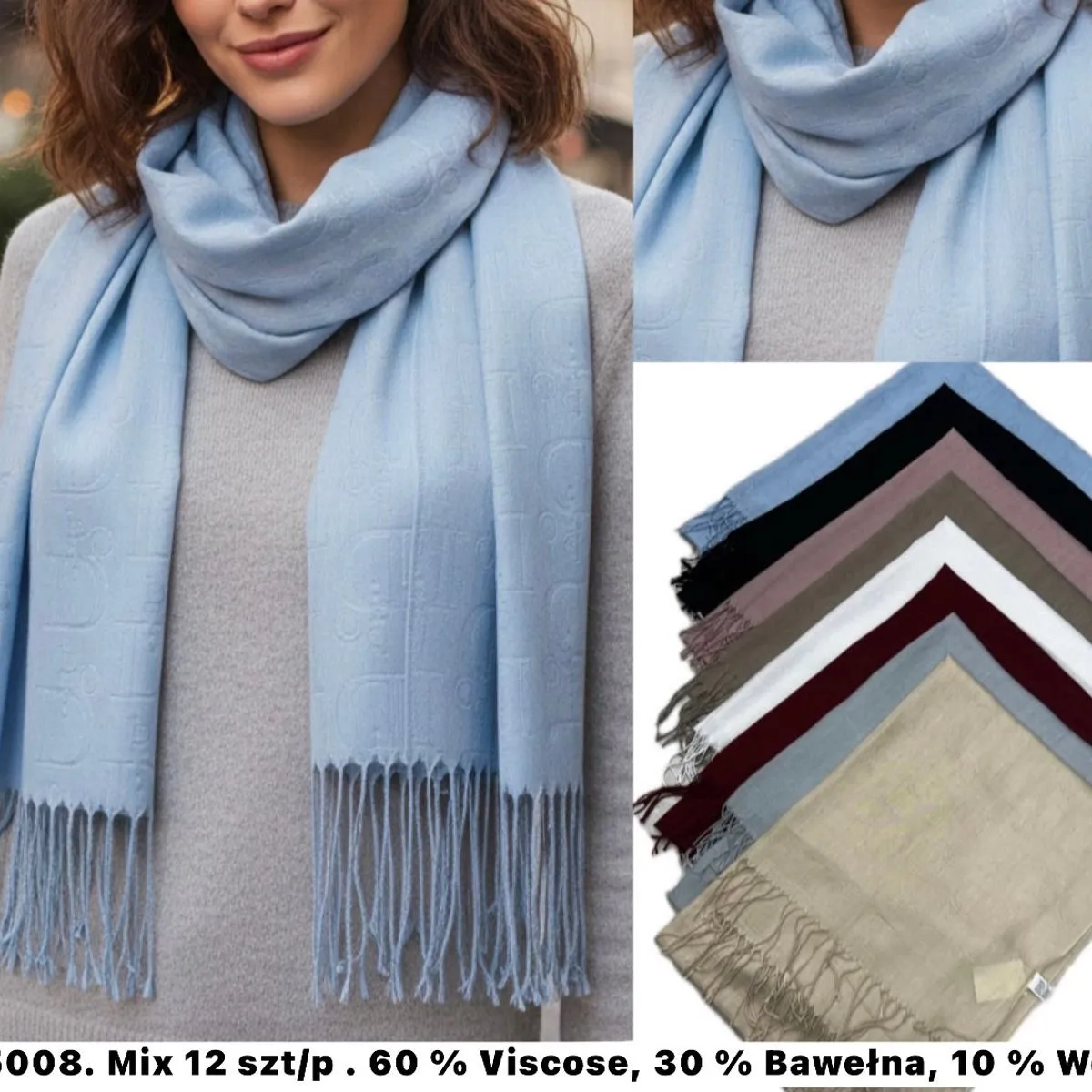 Szaliki damskie mix 12 szt. 60% wiskoza 30% bawełna 10% wełna