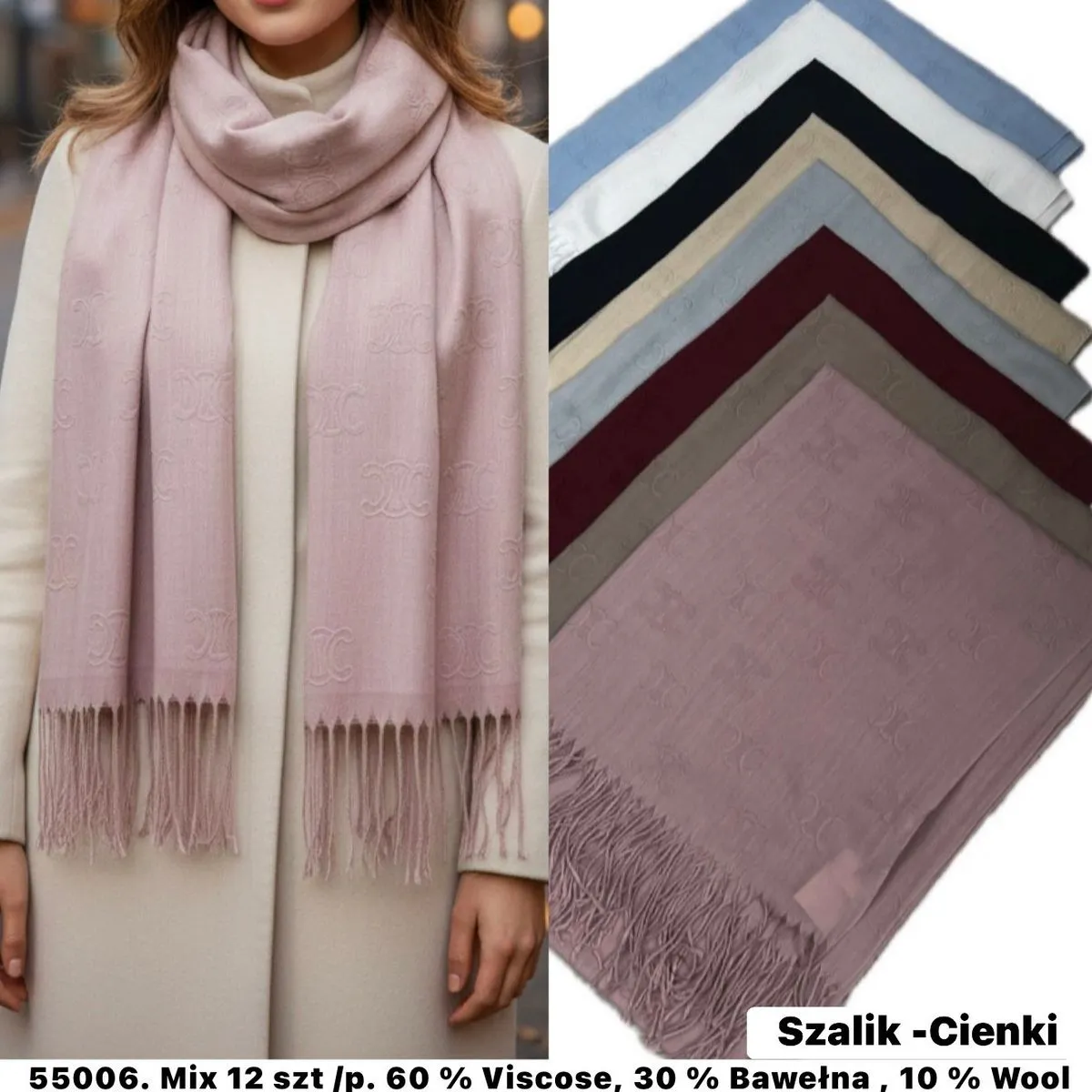 Szaliki damskie 50x120 cm, 6 kolorów, 12 szt/opak.