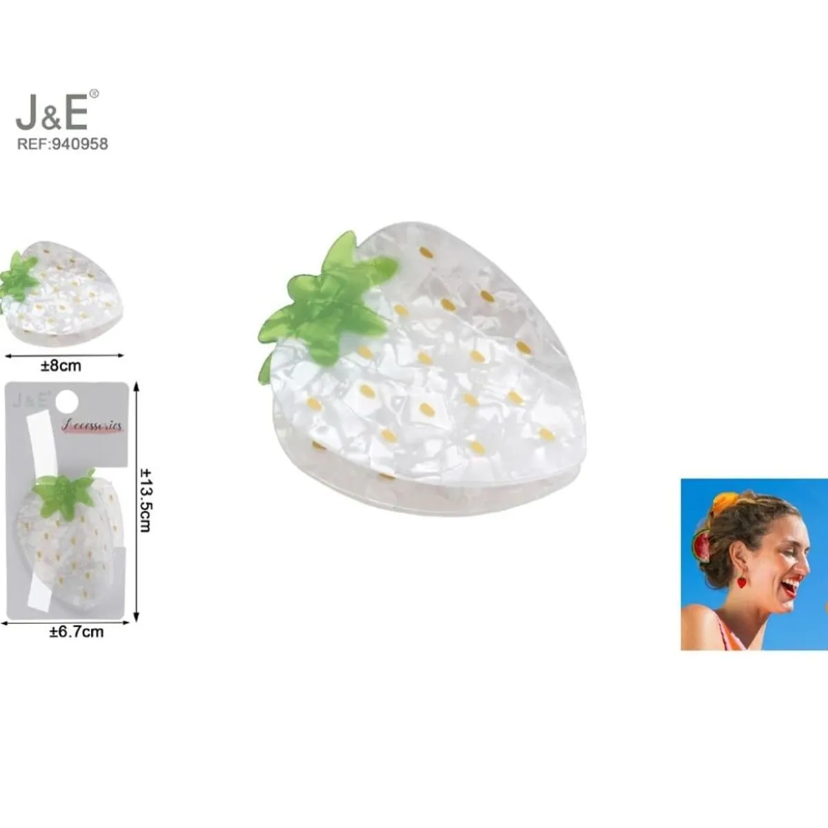 Klamra do włosów truskawka biała perłowa 8cm J&E 12 szt.