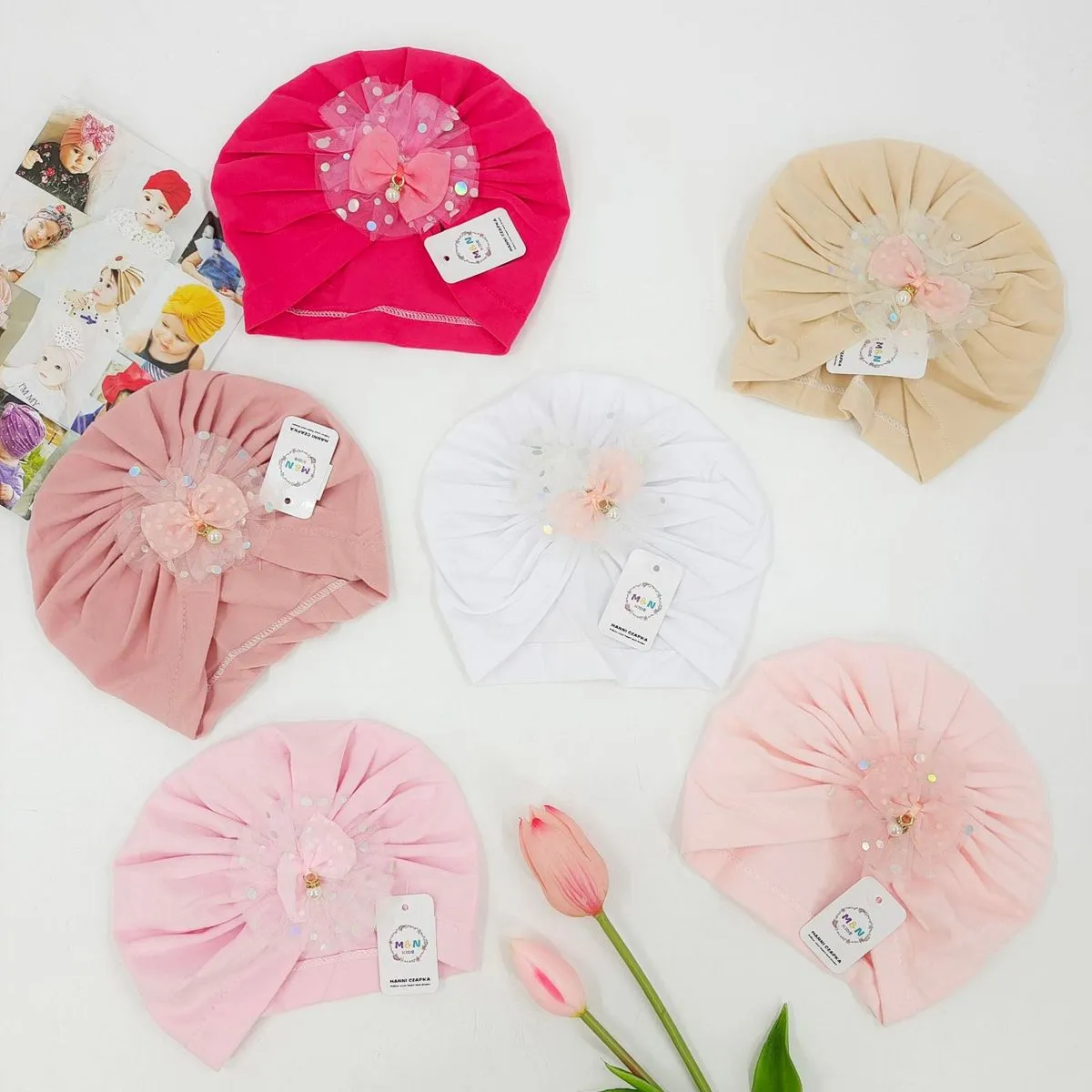 Czapki dziecięce turban z ozdobą kwiatową 6 kolorów