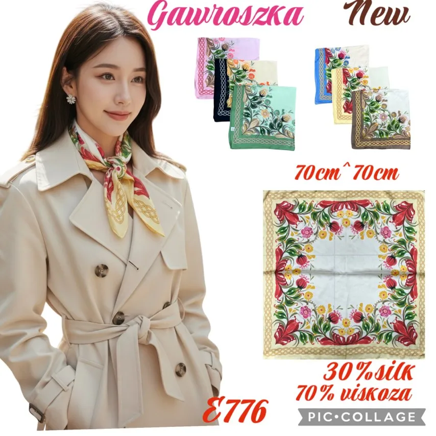 Gawrońska Kwiatowa Chusta Damska 70x70cm 30% jedwab 70% wiskoza