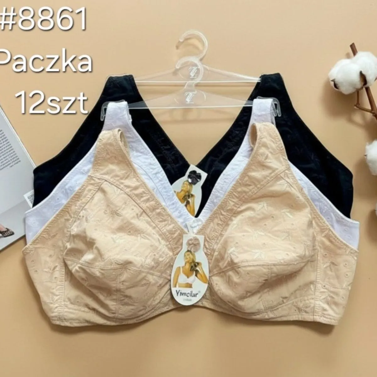 Biustonosz Damski D-DD beżowy/czarny, paczka 12 szt