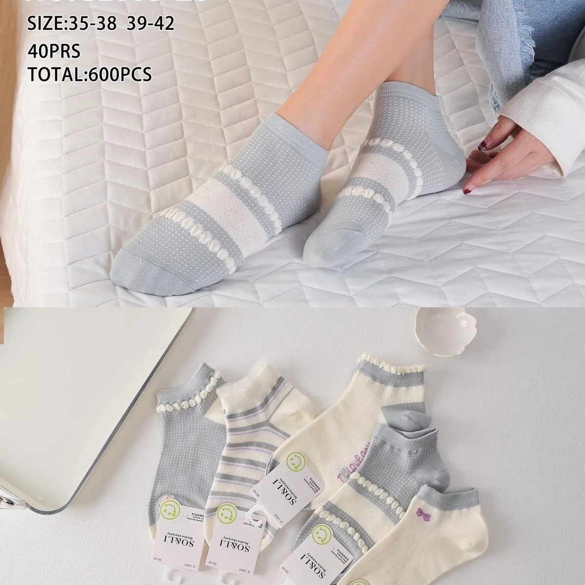 Skarpetki damskie SO&LI biało-szaro-niebieskie NO:GL603-20