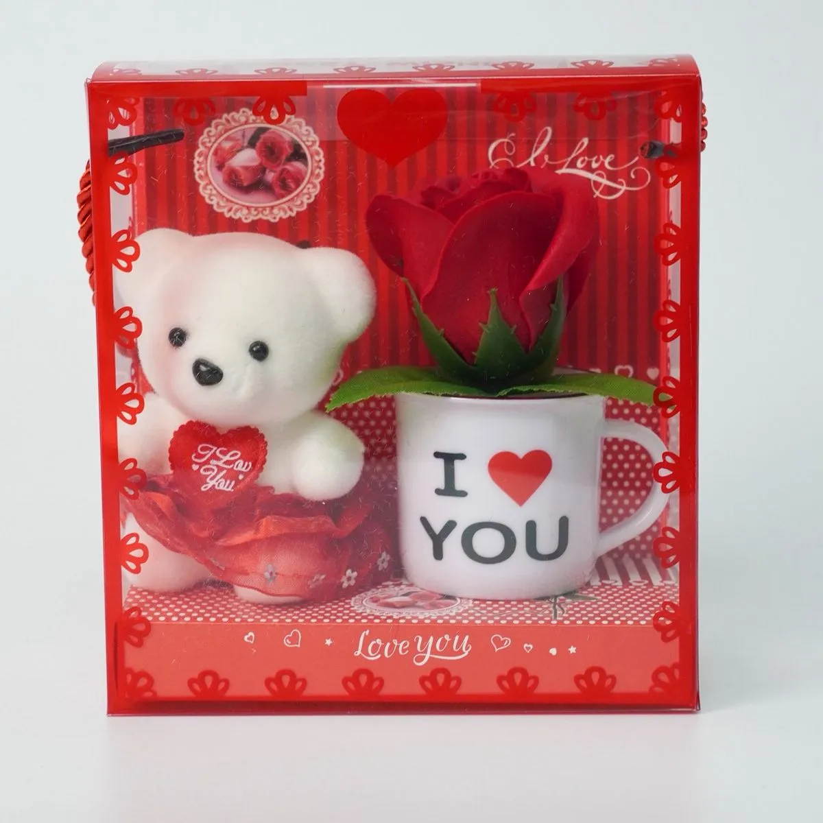 Zestaw prezentowy Walentynki: miś, róża, kubek I Love You
