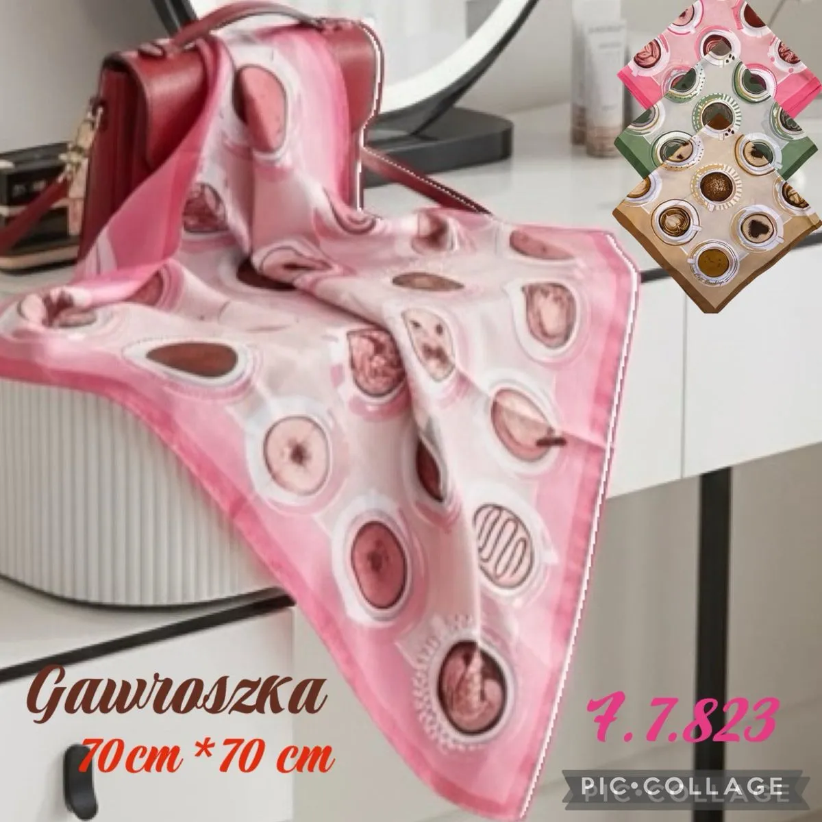 Chusta damska różowa 70cm x 70cm wzór owocowy