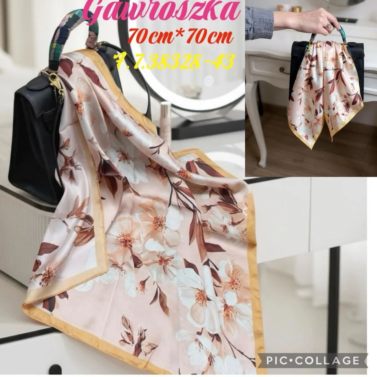 Chusta Damska Kwiatowa 70cm x 70cm Brązowo-Beżowa