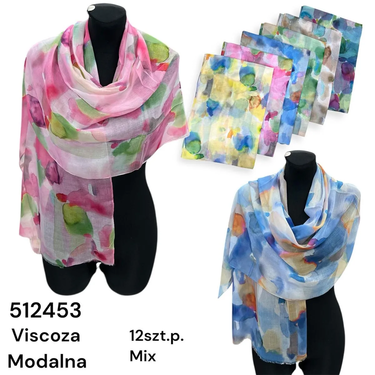 Szaliki damskie viscose modułne mix kolorów 12 szt.