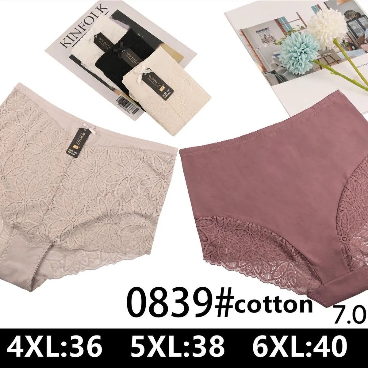 Majtki damskie bawełniane 4XL-6XL koronka beżowo-różowe