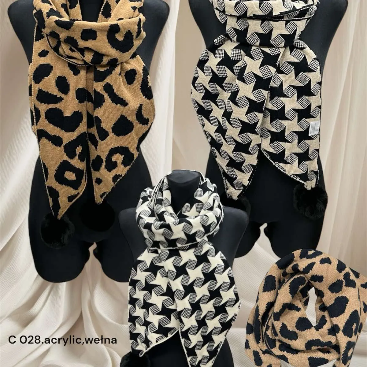 Szaliki damskie akrylowo-welniane wzór leopard i geometryczny