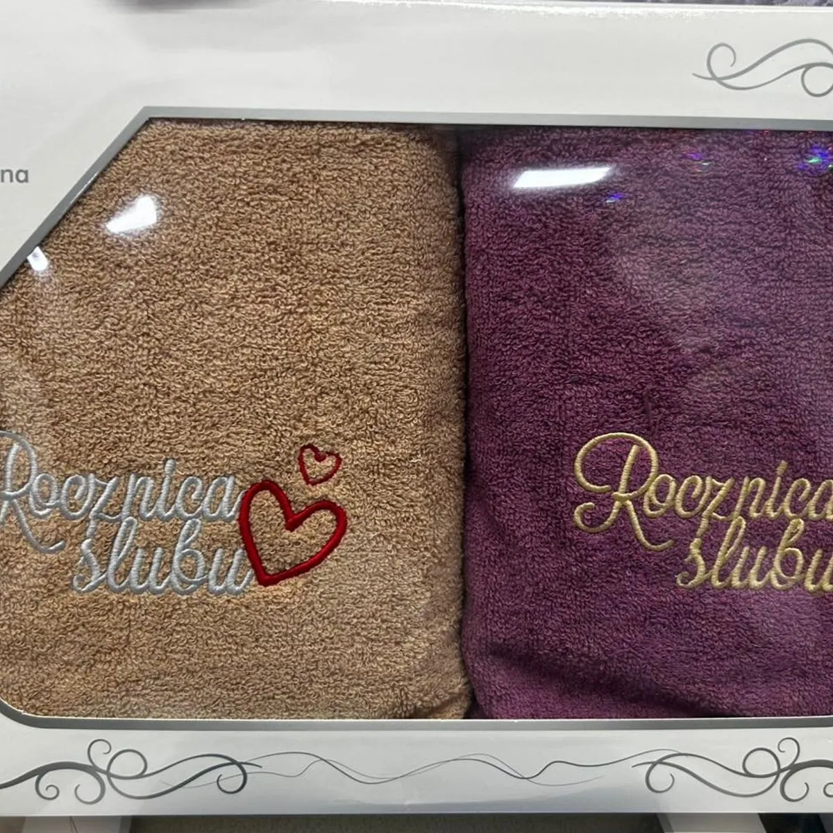 Komplet Ręczniki Mąż & Żona Bawełna 50/100 beżowy/fioletowy
