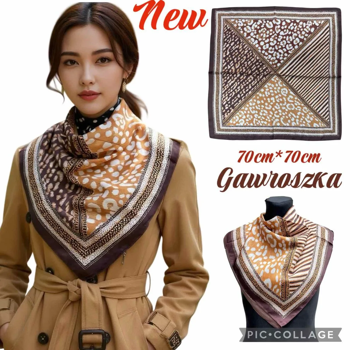 Kwadratowa chusta damska 70x70cm wzór zwierzęcy brązowy