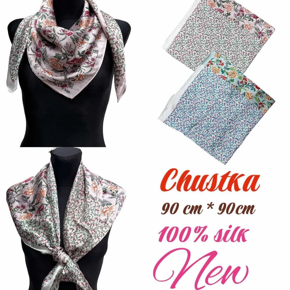 Chusta Damska Kwiatowa 90x90 cm 100% Jedwab