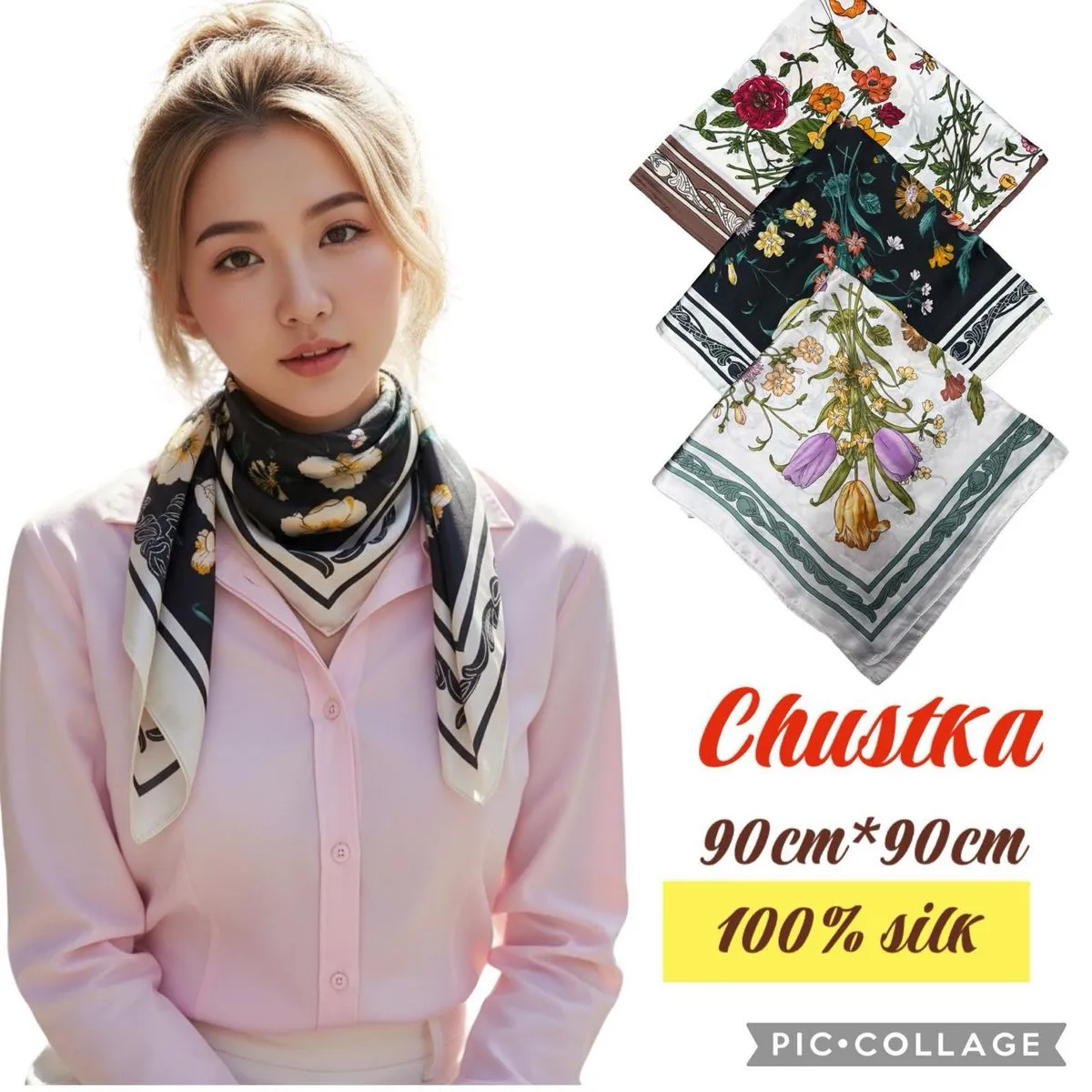 Chusta Damska Kwiatowa 90x90cm 100% Jedwab