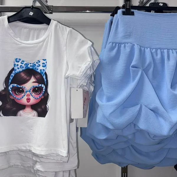 Komplet ubrań dla dziewczynki T-shirt biały + spódnica błękitna SKU 80326-75