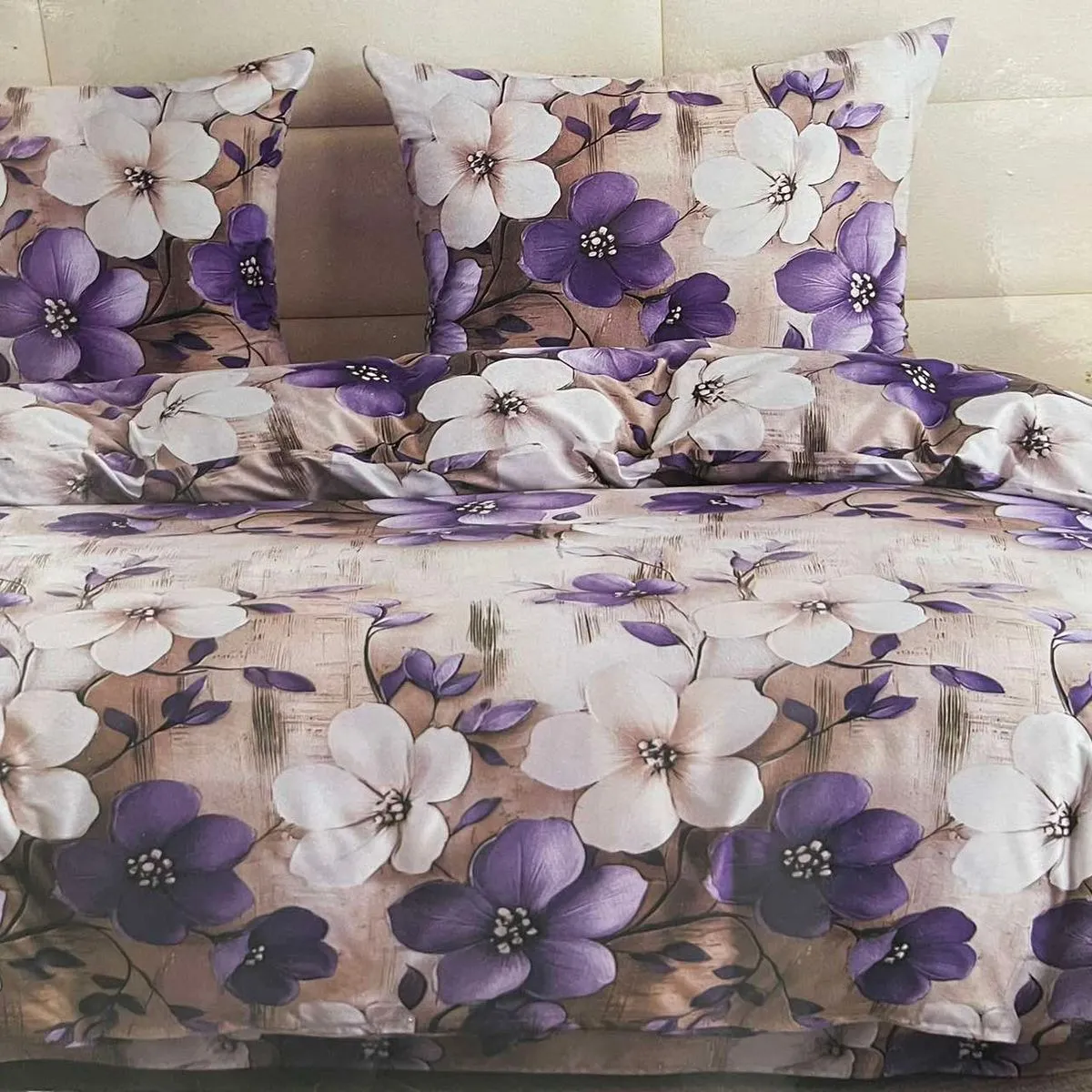 Komplet Pościel 3CZ 160/200 Kwiaty Fioletowo-Beżowe