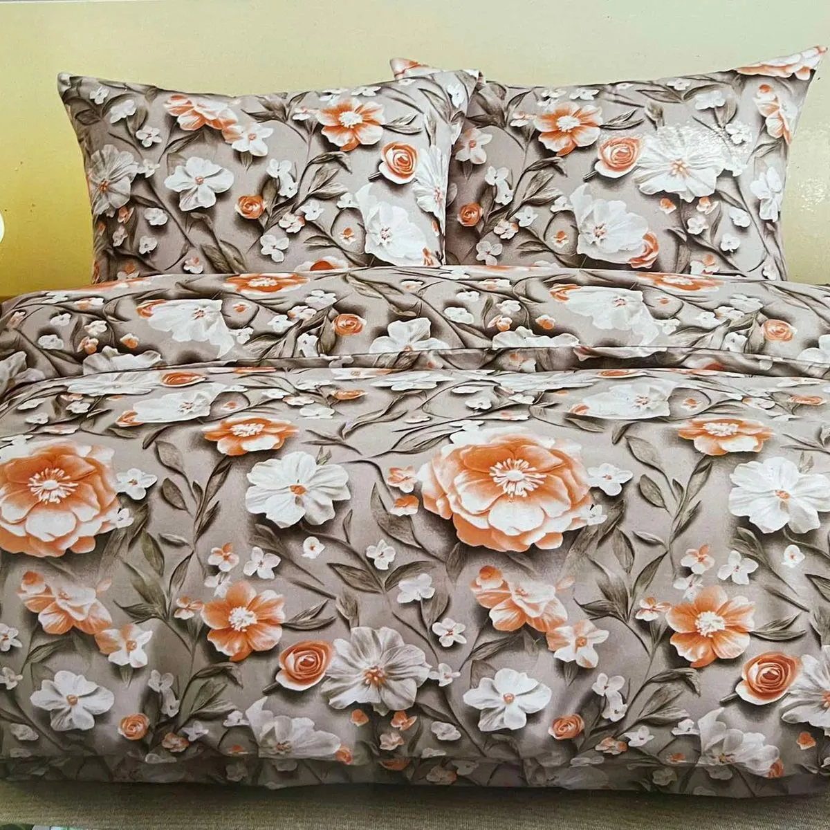 Komplet Pościel 3CZ 160/200 Kwiatowy Beżowo-Pomarańczowy