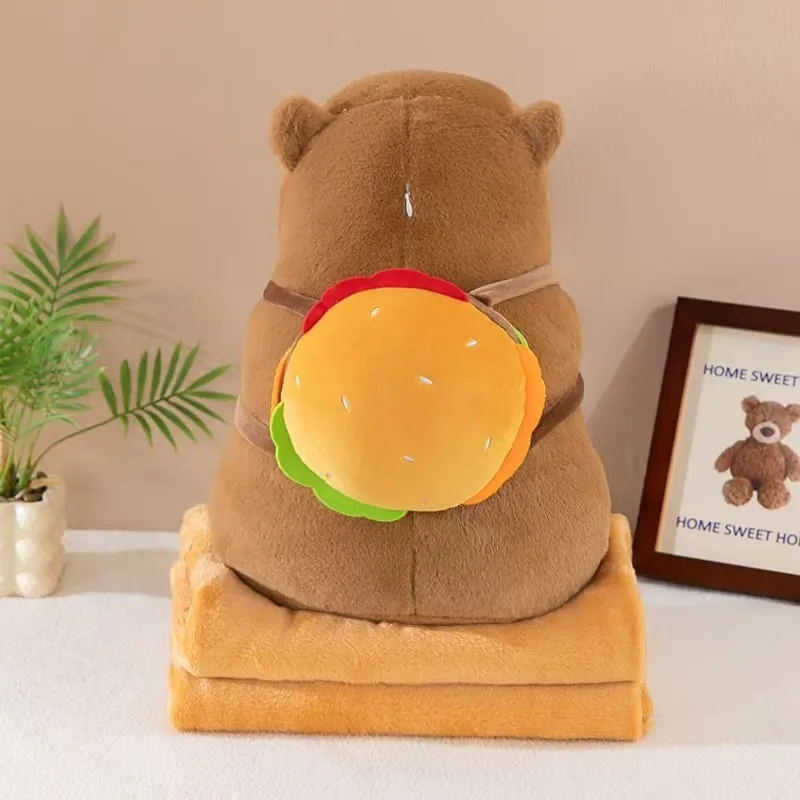 Maskotka miś z plecakiem-hamburgerem i kocykiem, brązowa