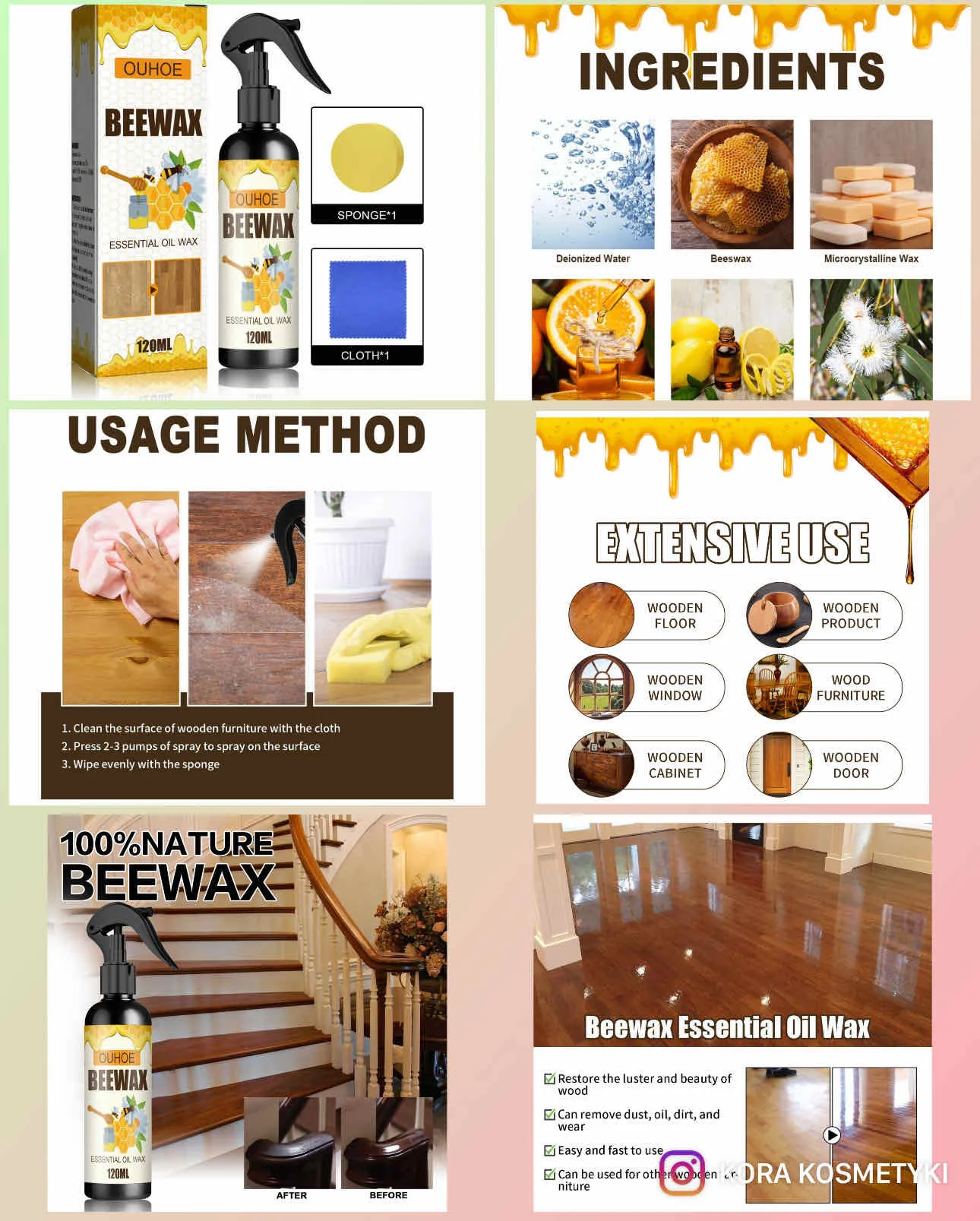 OUHOE Beeswax Spray 120ml - Naturalny Wosk do Drewna z Akcesoriami