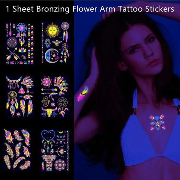Naklejki Tatuażowe UV Boho na Ciało, Świecące w Ciemności 12szt