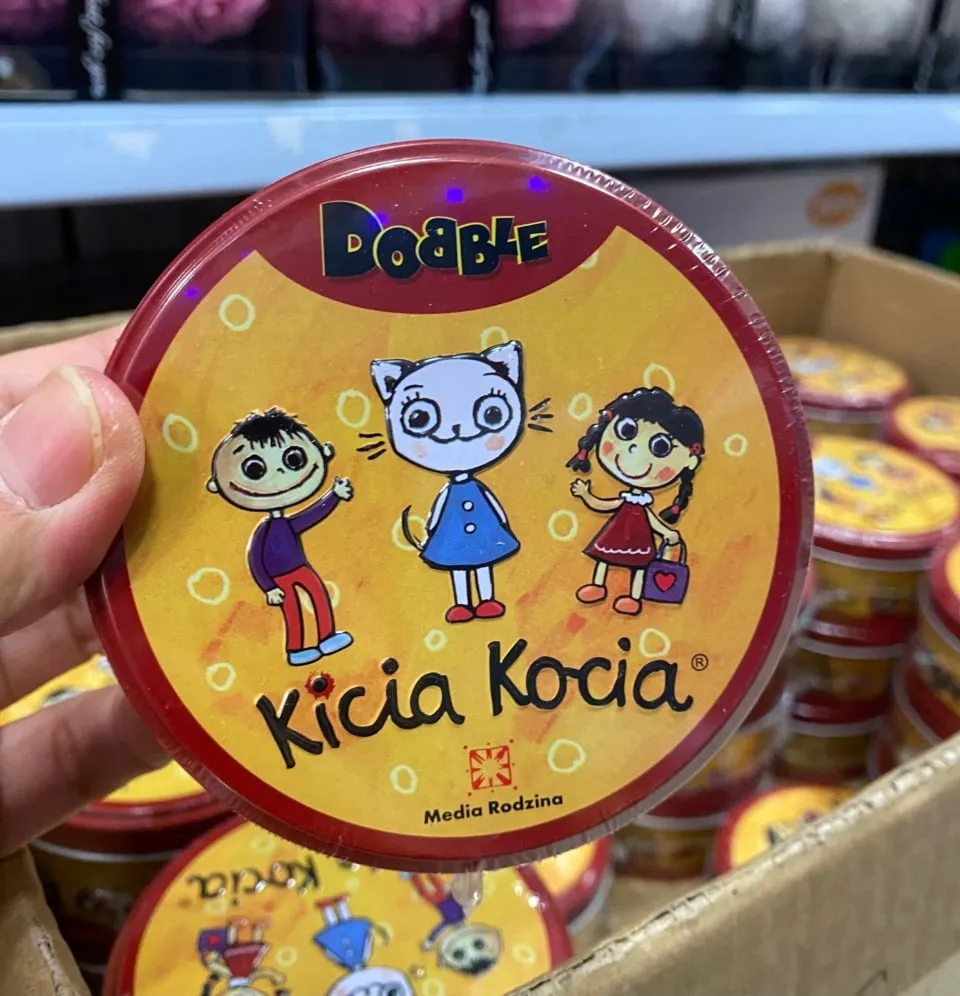 Gra Dobble Kicia Kocia dla dzieci, metalowe okrągłe opakowanie