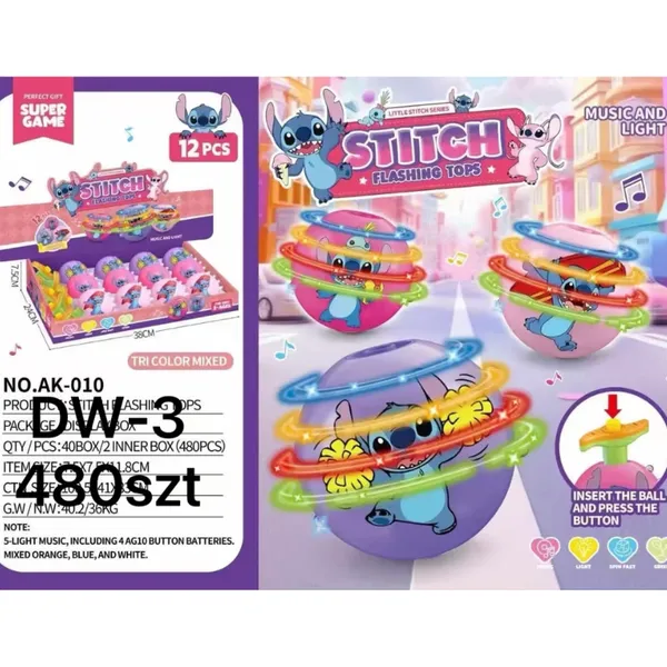 Piłka obrotowa Stitch bączek, muzyka i światło, plastikowa 11.8cm