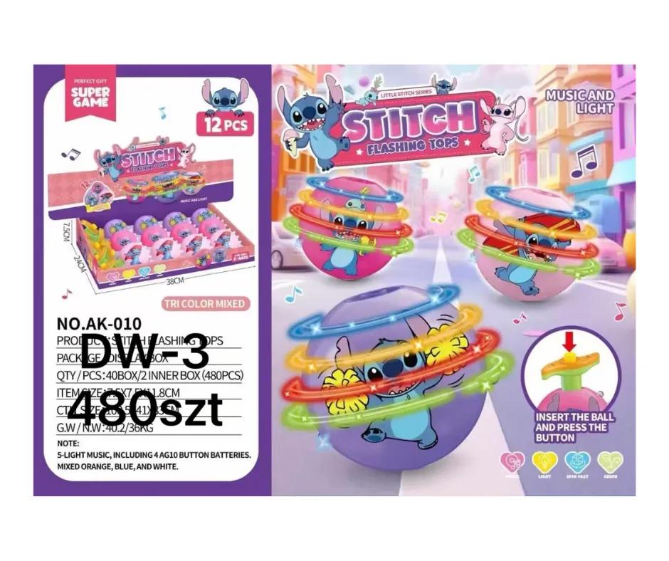 Piłka obrotowa Stitch bączek, muzyka i światło, plastikowa 11.8cm