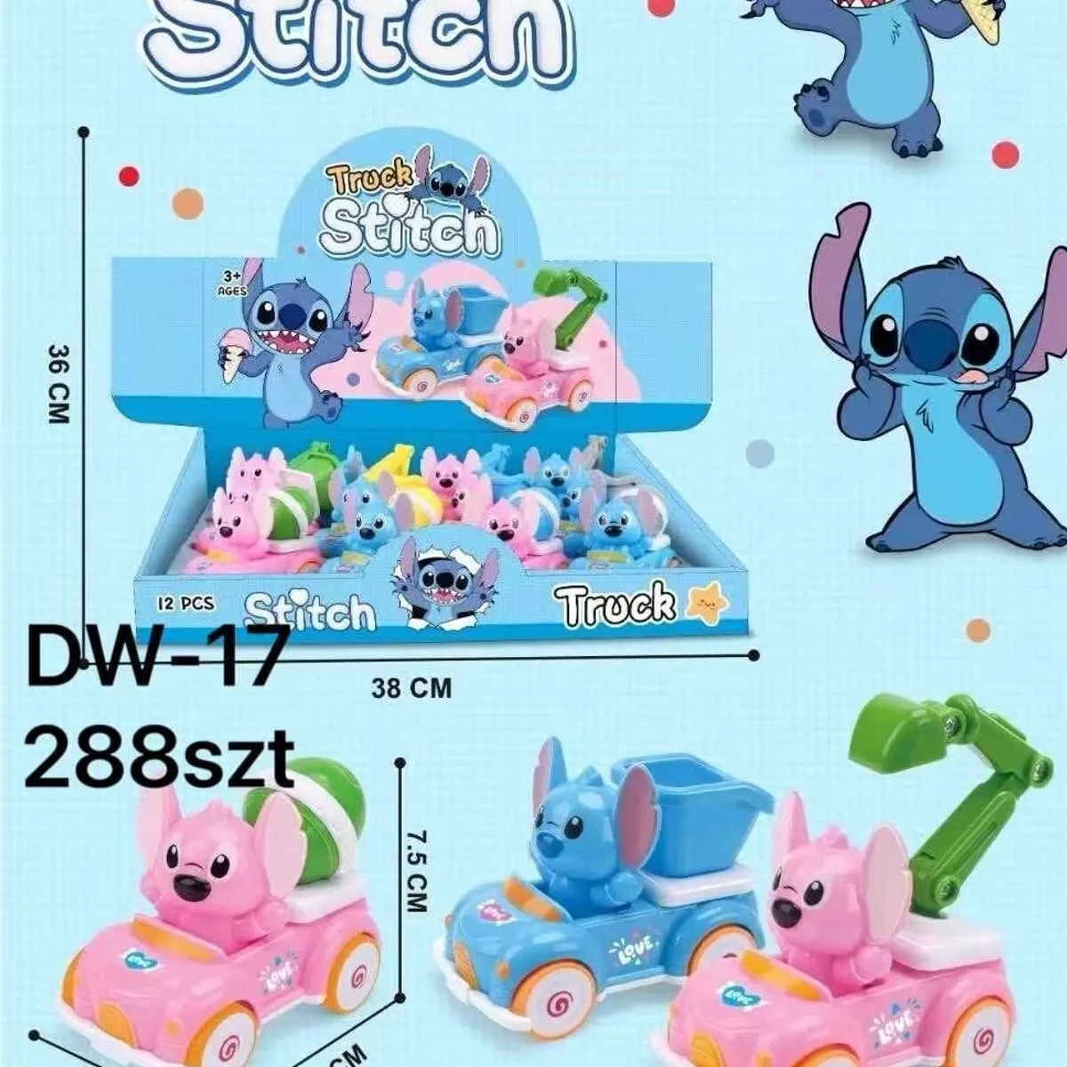 Samochodzik Stitch Truck inercyjny 10x5.5x7.5cm, mix wzorów
