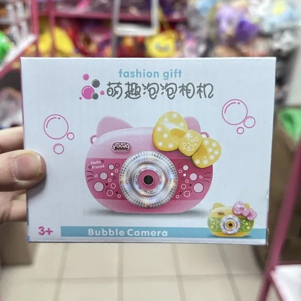 Aparat na bańki mydlane Bubble Camera różowy z żółtą kokardką