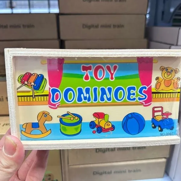 Drewniane Domino Toy Dominoes w pudełku, motywy zabawek