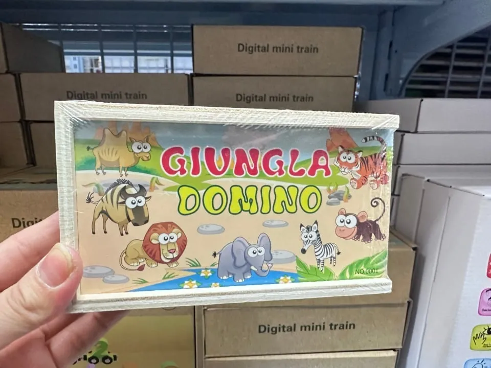 Drewniane Domino Toy Dominoes w pudełku, motywy zabawek