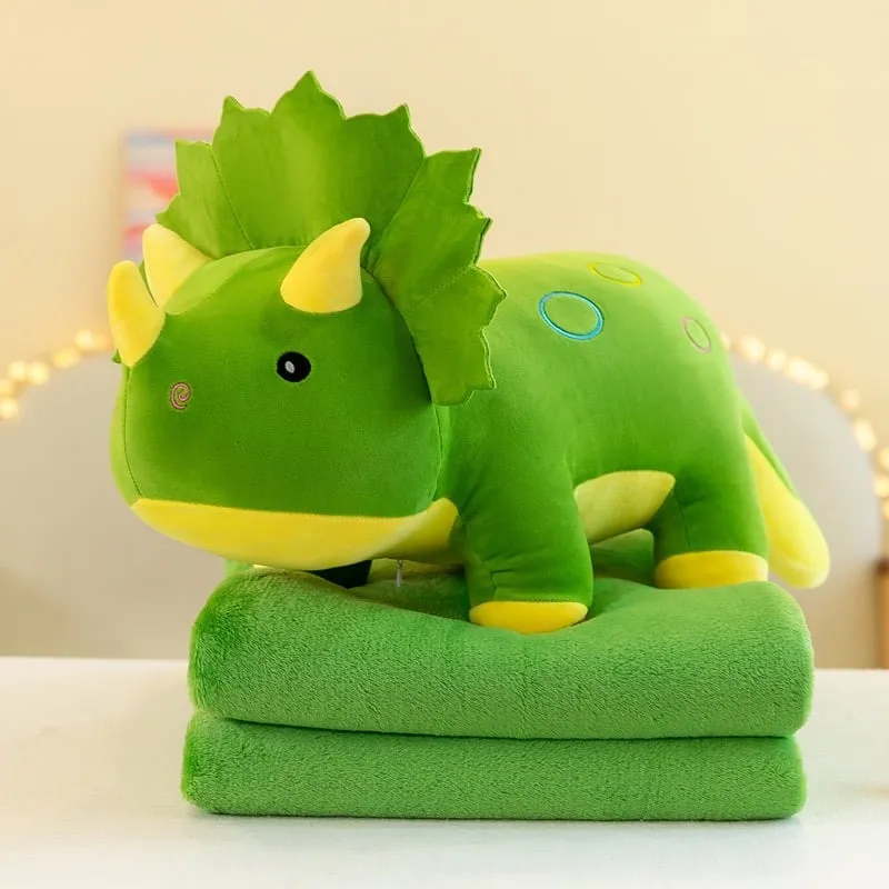 Maskotka Dinozaur Triceratops z Kocem Zielony, Pluszowy Zestaw 2w1