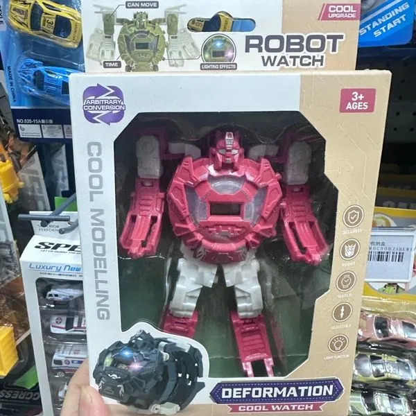 Robot zegarek transformujący z funkcją światła, różowo-biały