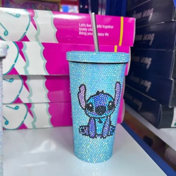 Kubek DIY Stitch z cyrkoniami, jasnoniebieski z metalową słomką