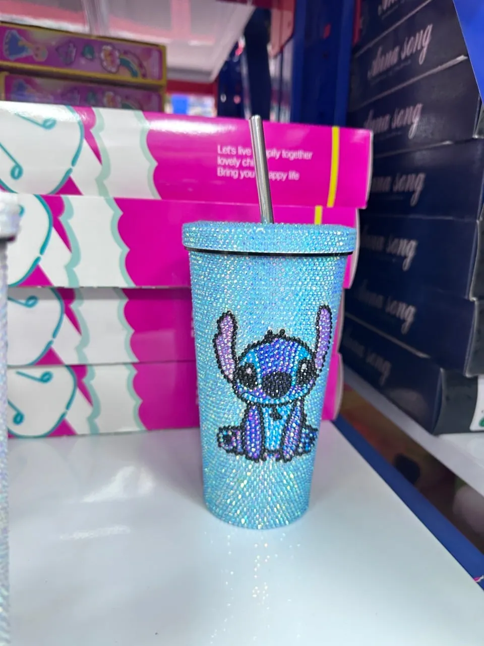 Kubek DIY Stitch z cyrkoniami, jasnoniebieski z metalową słomką