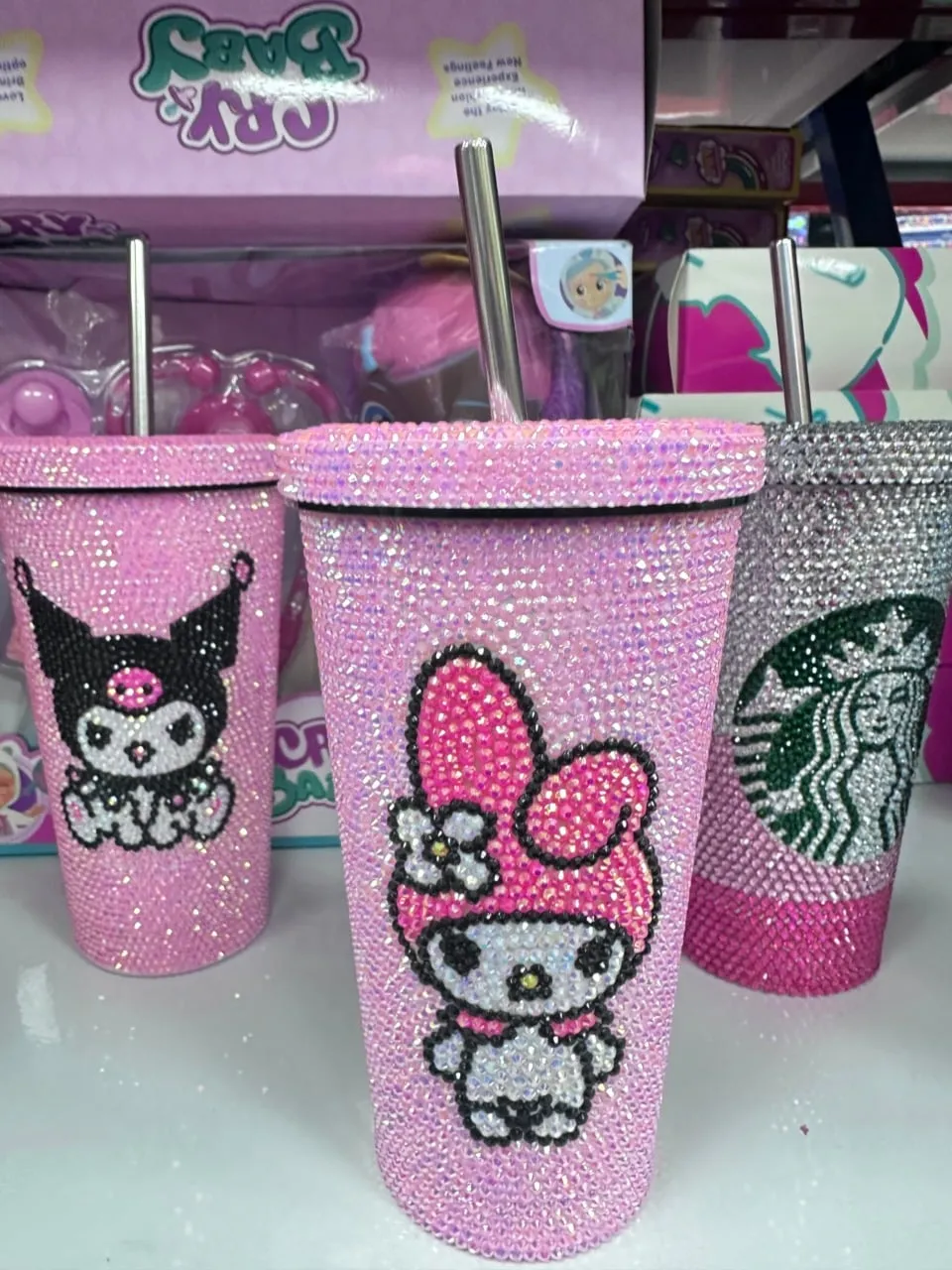 Kubek z cyrkoniami DIY My Melody z metalową słomką, różowy